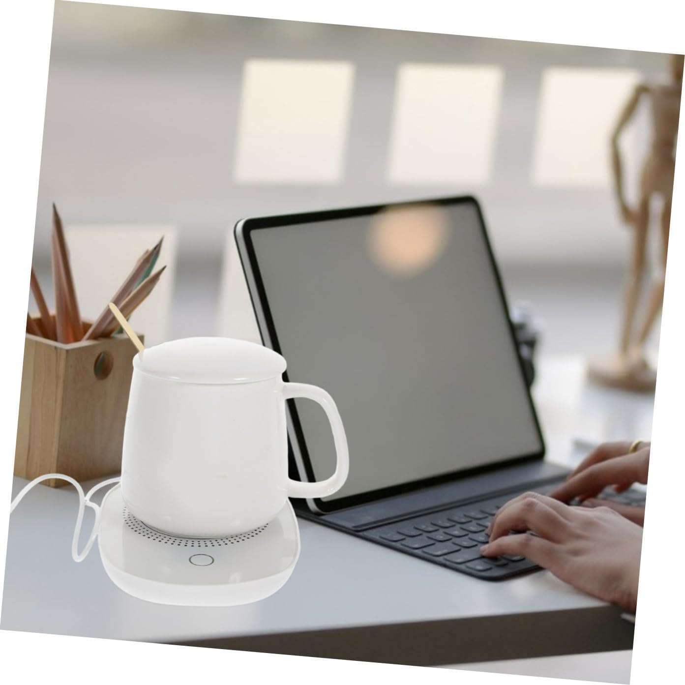 USB Electric Mug Warmer and Ceramic Thermostat Cup Warmer Pad 55℃ Temperature Control Milk Heating Mat for Home Office Use in Light Beige