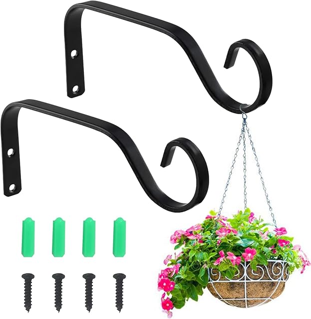 Jetisva 2pcs 7.3 Inch Wall Hanging Basket Bracket Outdoor Black Bird Feeder Bracket Heavy Duty Iron Fence Hooks Metal Plant Hanger Holder Indoor for Garden Flower Plant Pots Lantern Wind Chime