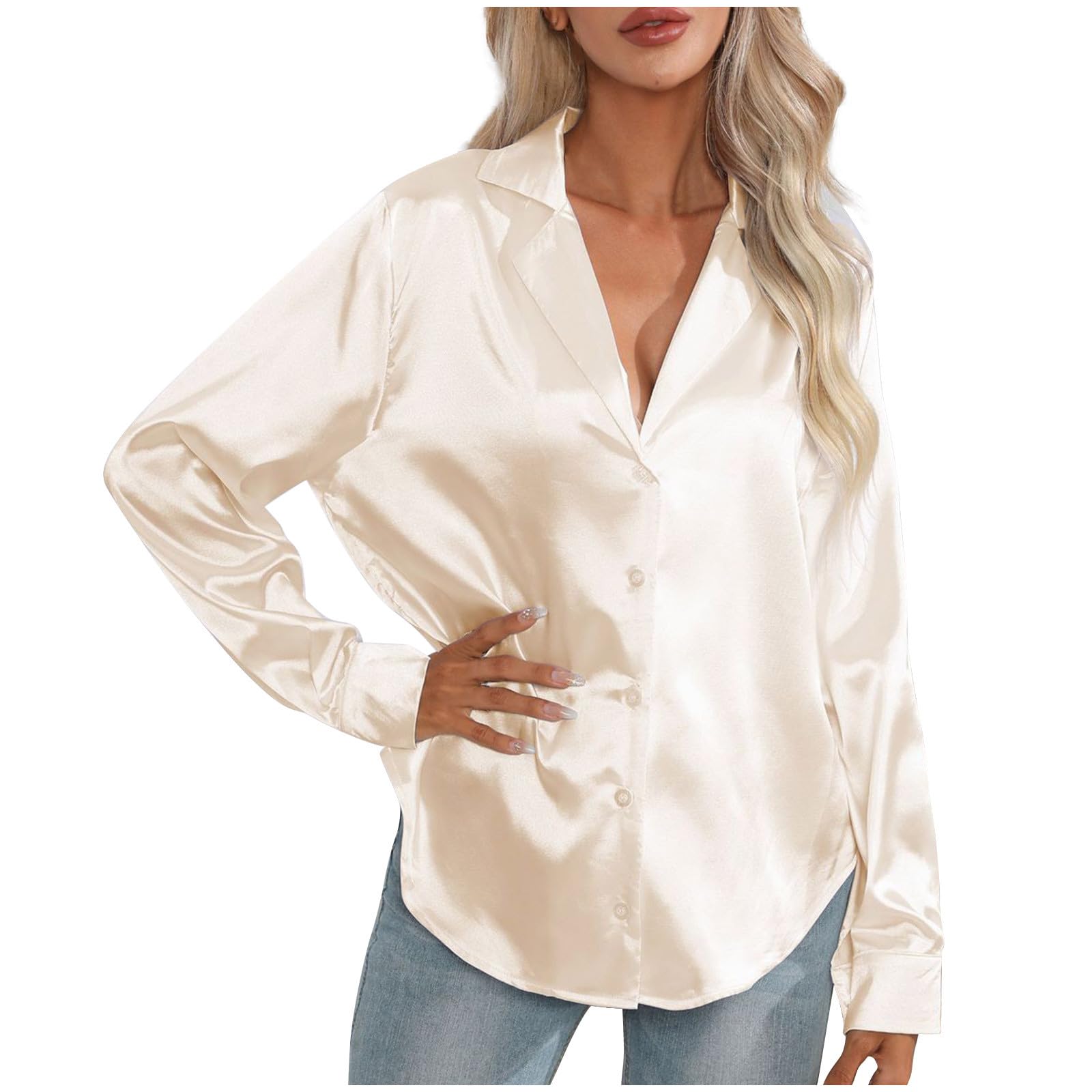 Satin Cream Dressy Blouse Satin Button Down Shirts For Women