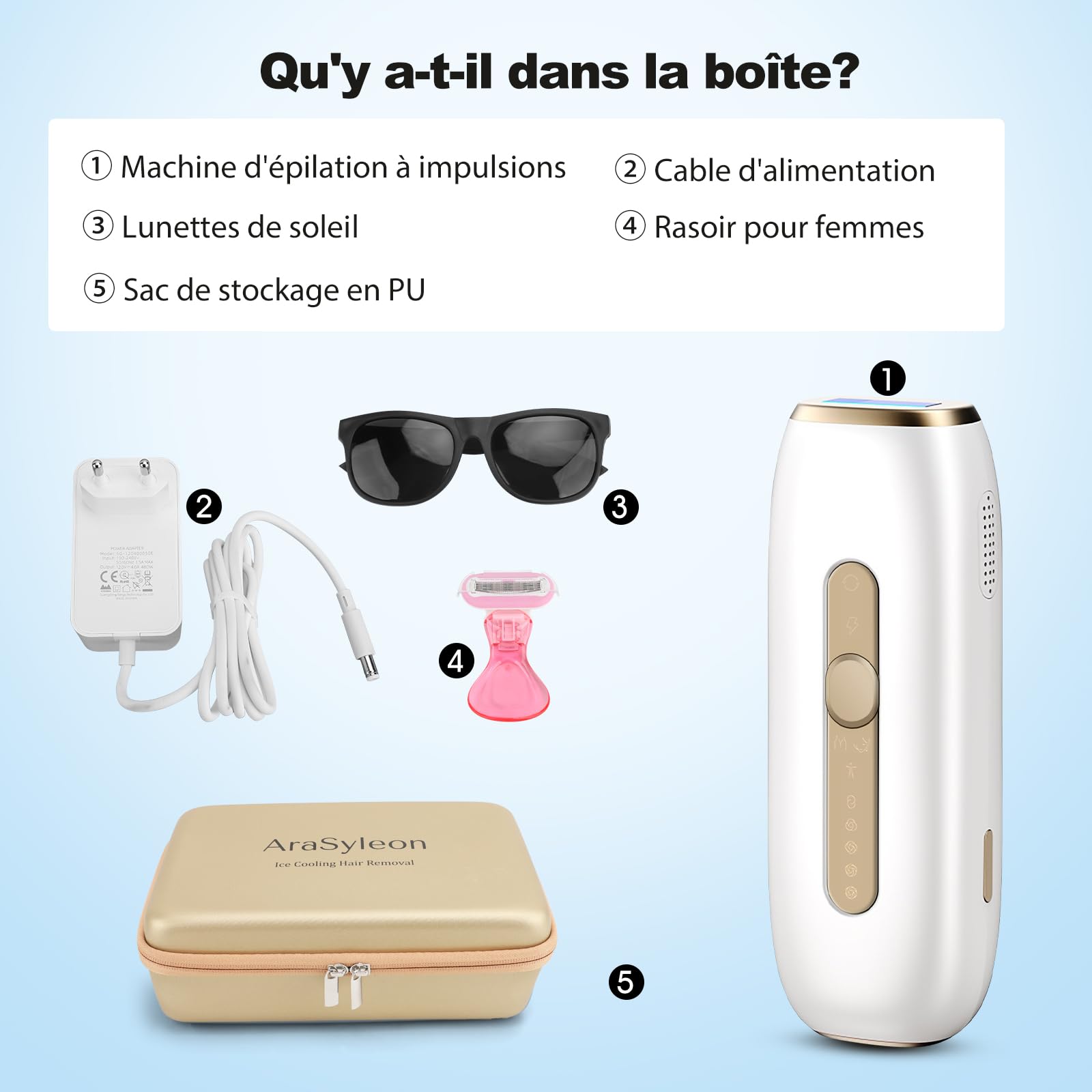D'épilation À Lumière Pulsée IPL Avec Refroidissement Saphir | 5 Niveaux D'énergie, Grande Fenêtre Lumineuse, Lunettes De Protection, Rasoir Et Boîte De Rangement Pour Femme Et Homme