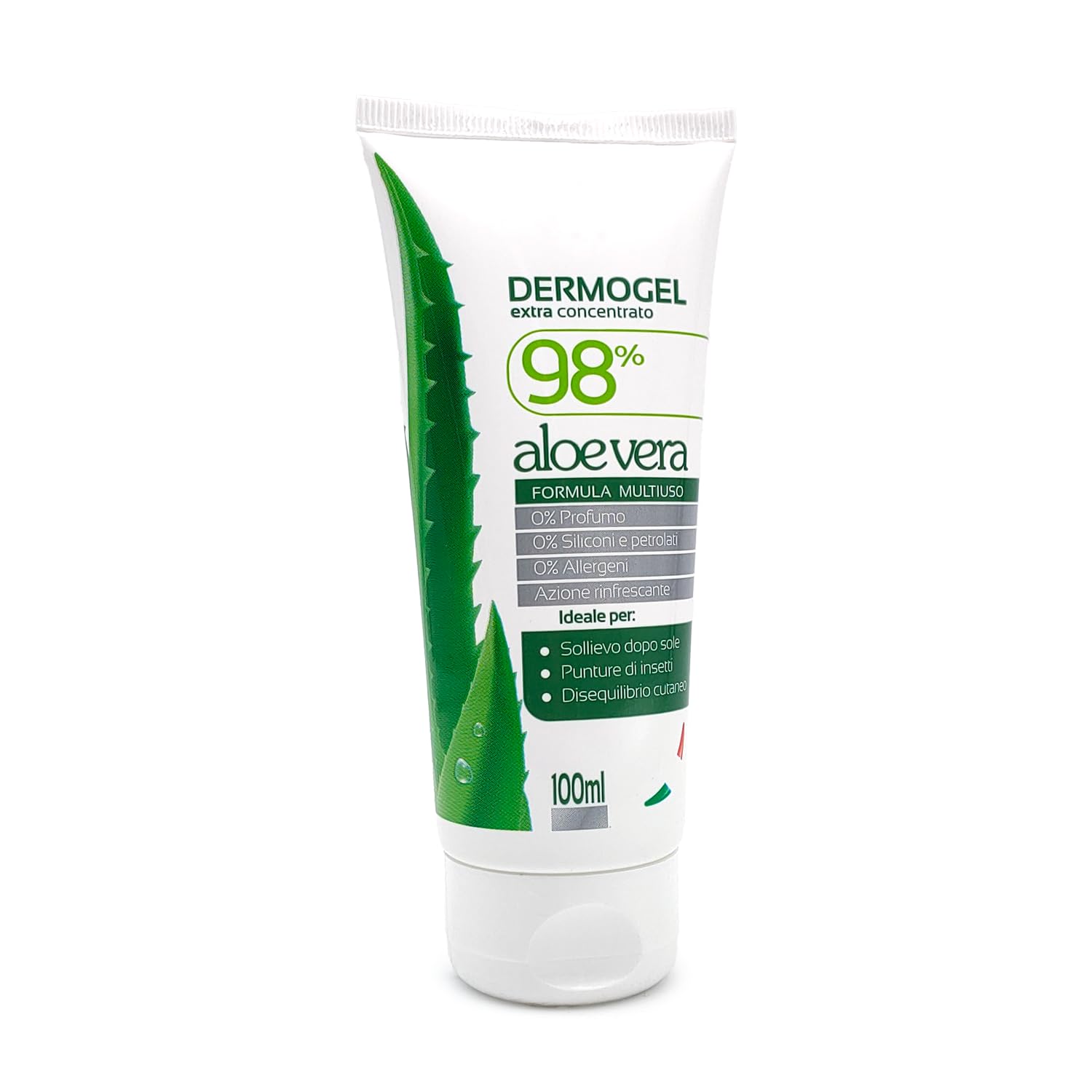 Dermogel Aloe Vera 98% | Nawilżający i łagodzący | Ulga po ukąszeniach i przebicia owadów | Bez perfum, silikonu i pestek | dla wrażliwej skóry i włosów, przezroczysty, 100 ml