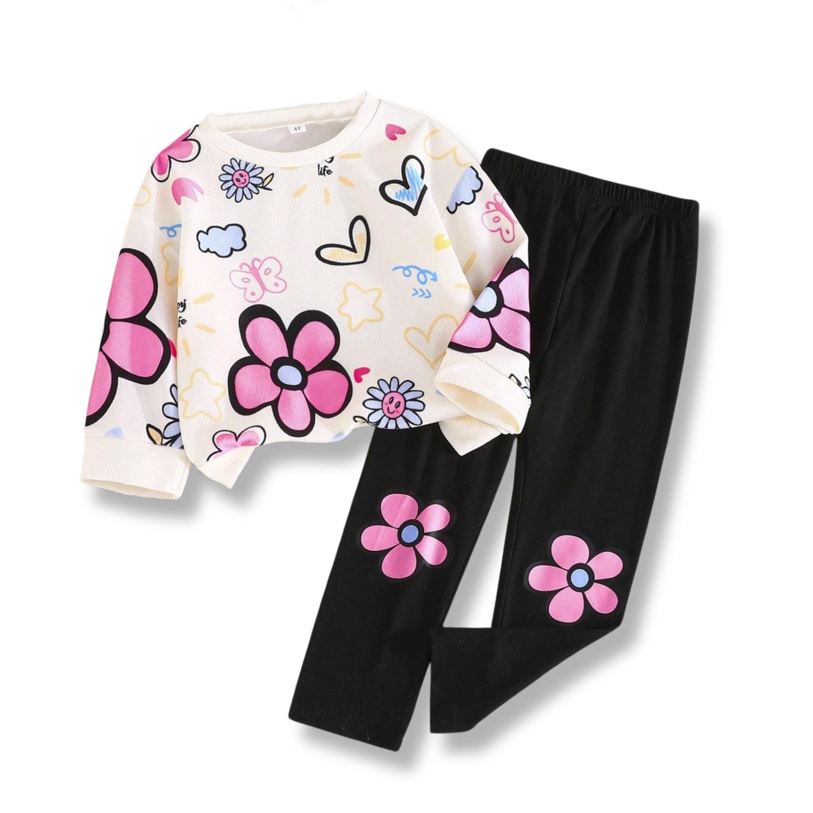 Voxikidio Adorable Floral Printed Sweatshirt & Pants Fall Outfit Set (3-7 Years)