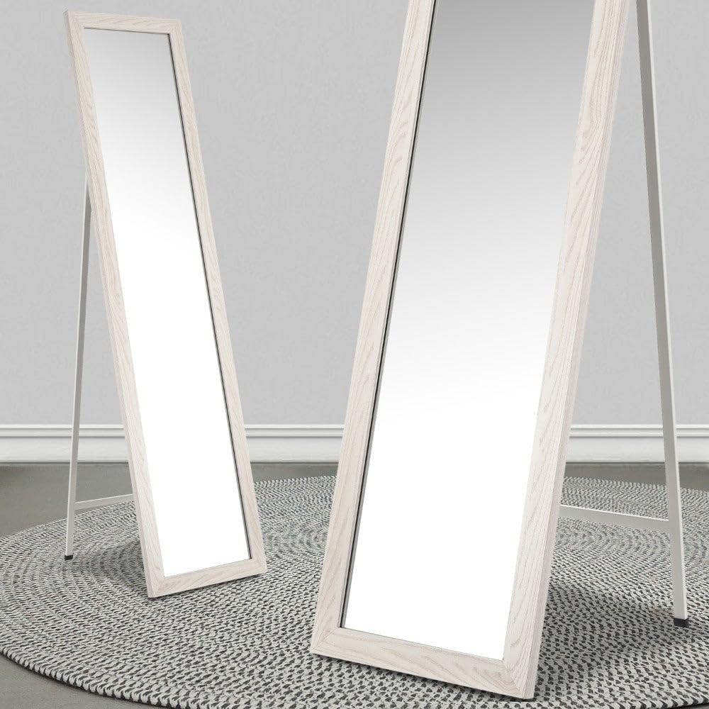 LOLAhome - Espejo de Pie Blanco 4 Posiciones de 37x157 cm. Espejo de Cuerpo Entero con Marco con Vetas de Madera para Vestidor y Dormitorio. Ligero, Resistente y Ajustablen en Inclinación