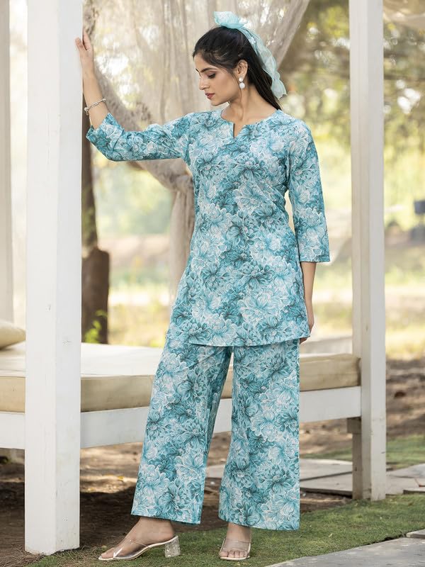 Tee Projekt Cotton Ethnic Wear Co Ord Set For Women | Festive Co Ord Set For Women Sky Blue