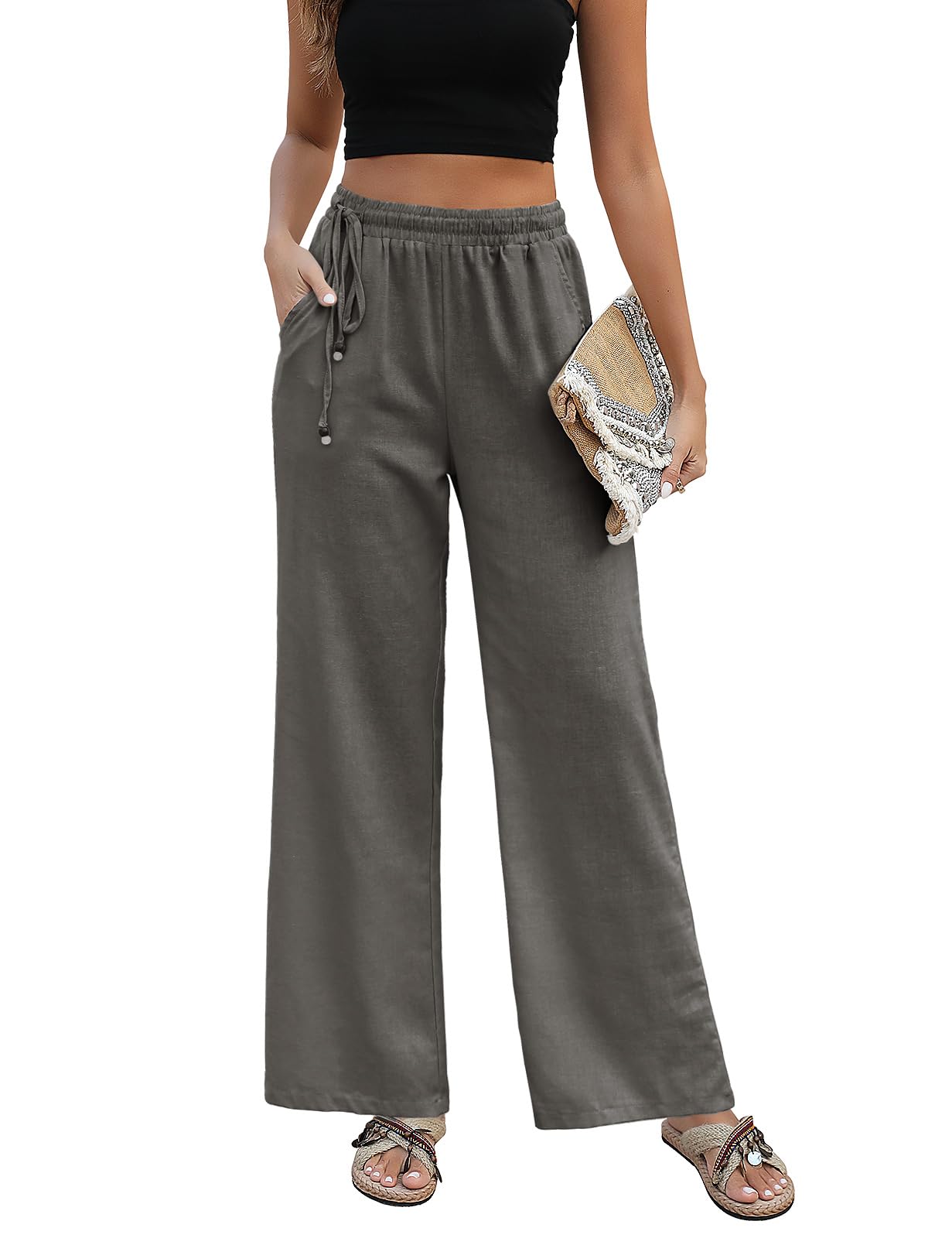PASUDA Pantaloni Donna Pantaloni in Lino Estivi Larghi da Donna Eleganti Elastico Vita Alta Pantaloni Gamba Dritta Casual Leggeri Pantalone con Tasche e Coulisse Laterale