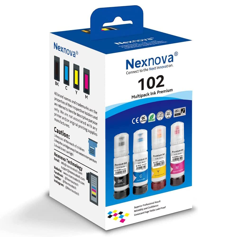 NexNova® 102 Ink 4-Pack for EcoTank for EPSON Combo Set 70ml Compatible for ET-2700 ET-2750 ET-2751 ET-2756 ET-2850 ET-2851 ET-2856 ET-3700 ET-3750 ET-3850 ET-4750 ET-4850