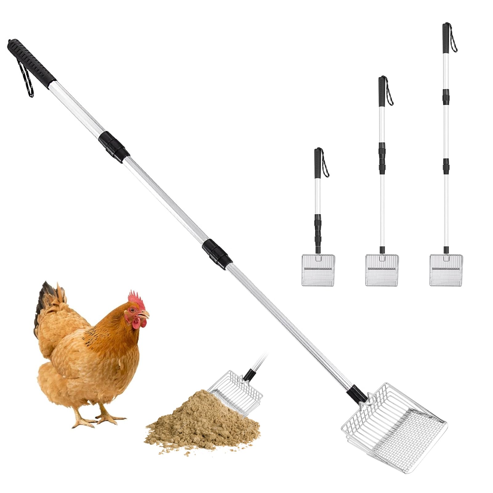 Scooper de Caca de Poulet Métal Inoxydable 3 en 1, Pelle à Poulet Réglable 57-106 cm, Accessoire Poulailler Détachable Rangement Suspendu, Tamis Nettoyage Séparation Déjections Sable