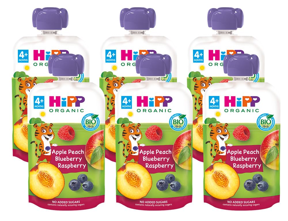 HiPP Biológico Bolsita Multifrutas Pouches Melocotón Manzana Frutos del Bosque BIO Pack 6x100g Sin Azúcar Añadido Bebés 4 Meses