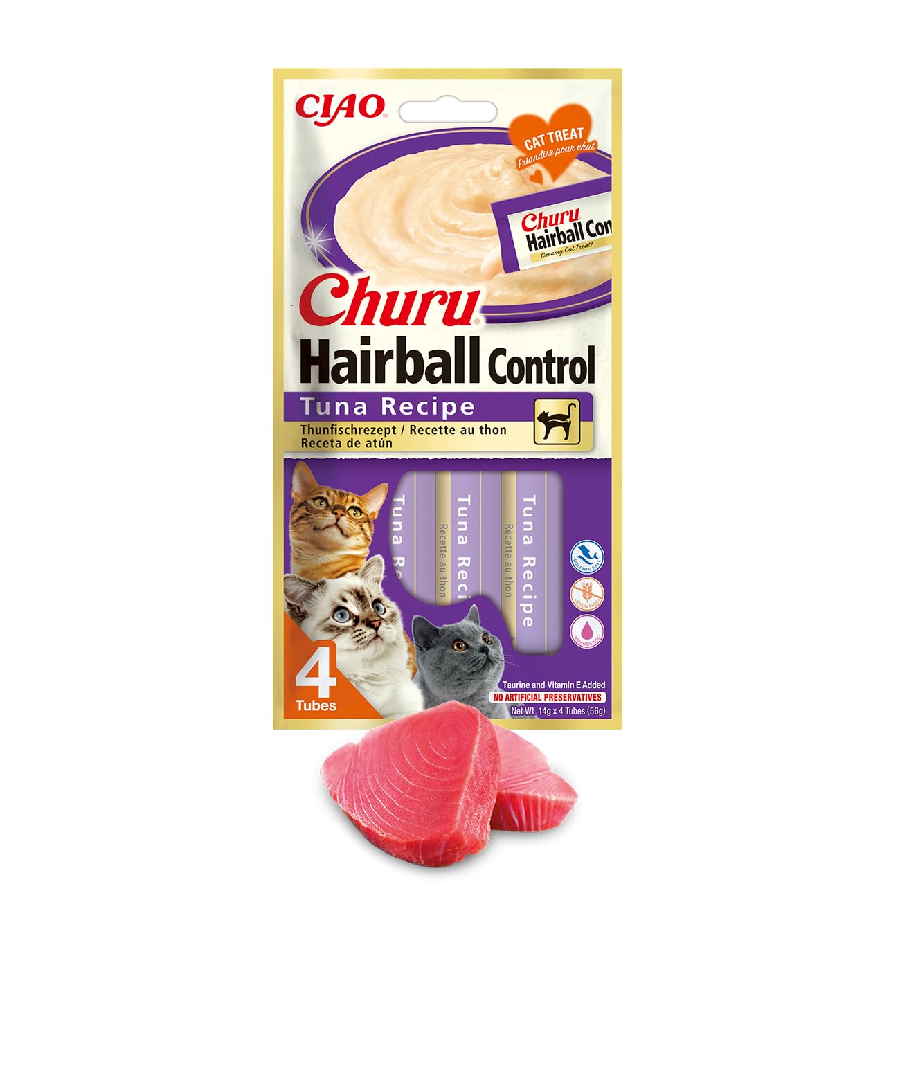Churu Hairball Control Gatos - Snacks para prevenir Las Bolas de Pelo- Receta de Atún - Promueve una digestión Saludable - 56g (4 Tubos x14g)