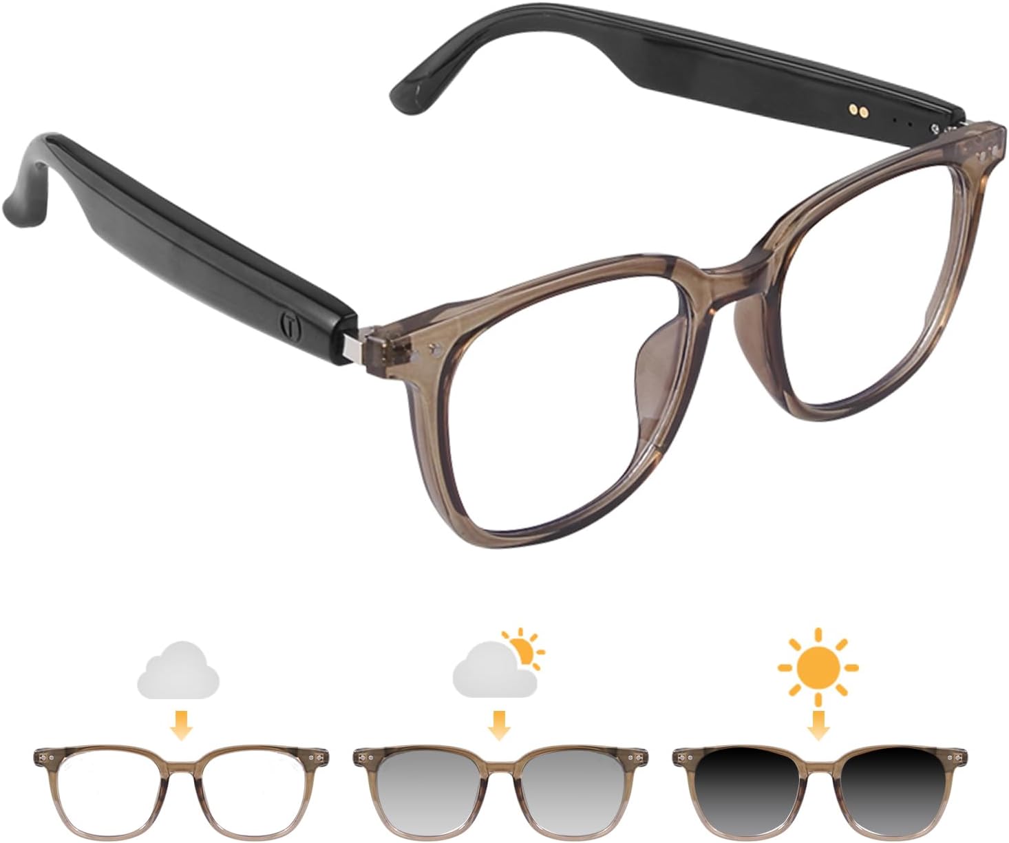 Smart Glasses for Women Men, Bluetooth Glasses with Photochromic Lenses Touch Control Voice Assistant for Clear Audio, Remote Photography, Clear Brown Frame and Black Legs, Perfect for Indoor Outdoor