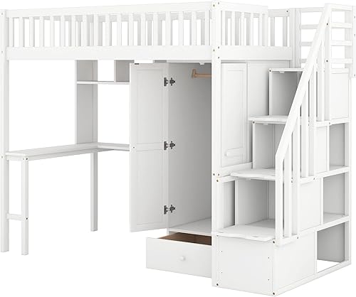 Miniatura 158 de Cama alta funcional tamaño individual con 2 cajones y 2 armarios, base de cama de madera maciza con barandilla de seguridad y escalera de