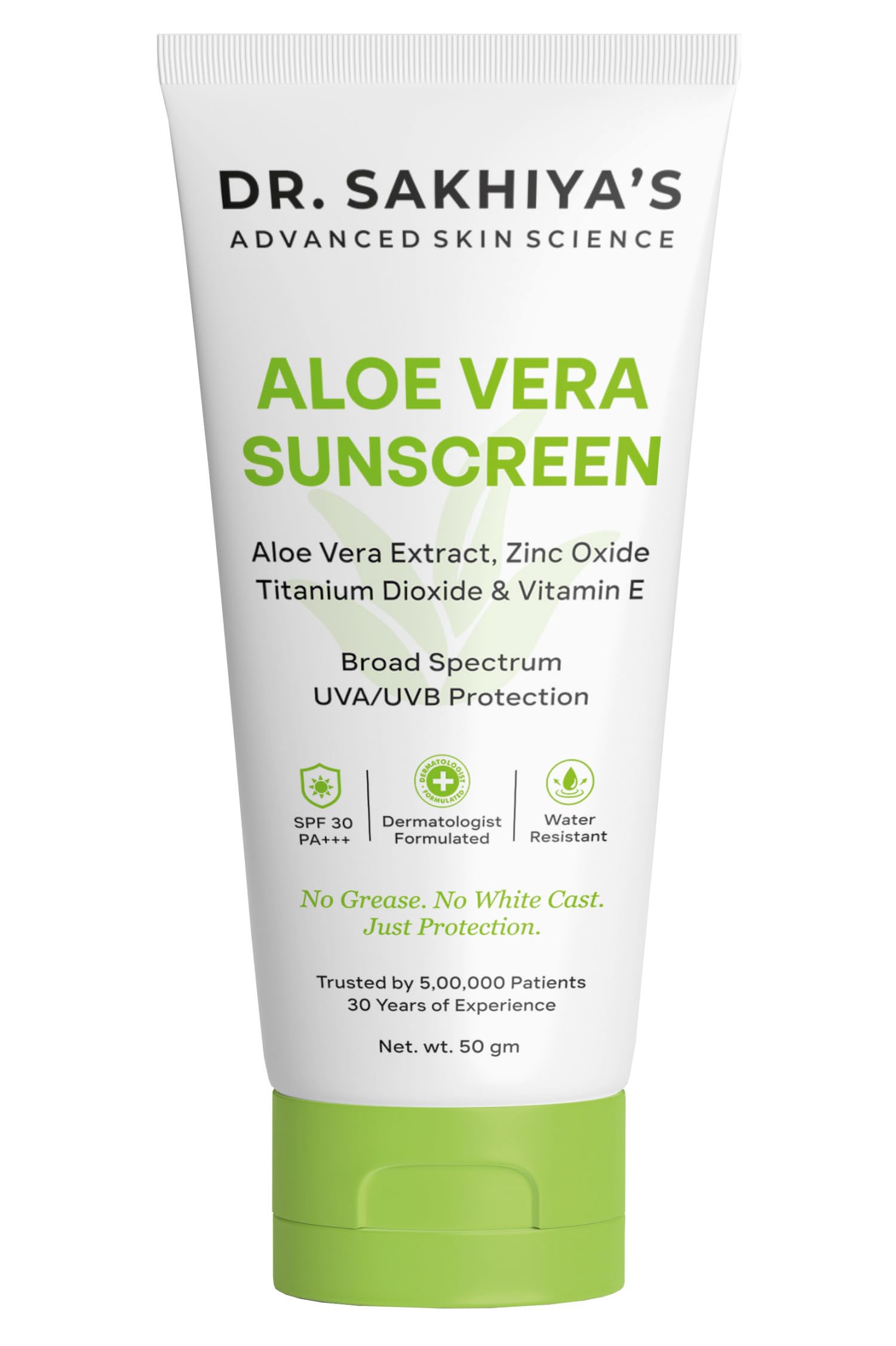 DR. SAKHIYA'S Aloe Vera Extract Sunscreen (50gm) / SPF 30 PA+++ Broad Spectrum - UVA & UVB for All Skin Types, Sun Protection Gel/Non-Sticky, Non Greasy, Waterproof, No White Cast