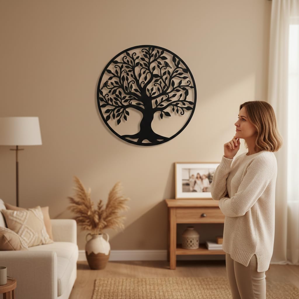 Harmonie Design Wanddekoration aus Metall, Rahmen, Baum des Lebens, Wanddeko, schwarz, industriell, groß, modern, originell, für Wohnzimmer (60 x 60 cm)