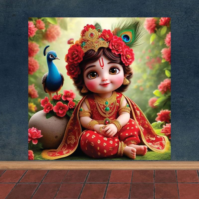 Image of British Terminal Cute little Bal Gopal Baby God Krishna| Kanha Ji | Laddu Lord Makhan Chor Painting Religious Poster for Pregnant Women for wall (matt thin vinyl,sticker,multicolor,unframed)| bj384