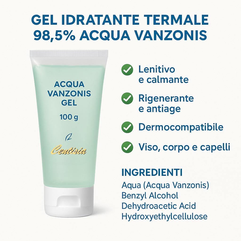 Centisia Acqua Vanzonis Gel 100gr – Gel Idratante Termale 98,5% Acqua Vanzonis – Lenitivo, Rigenerante, Antiage, Remineralizzante – Adatto a Pelli Sensibili, Reattive e Mature