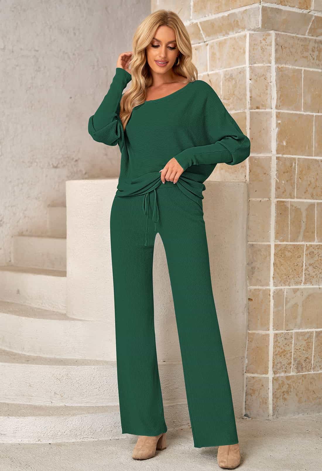 Linsery Damski dzianinowy dres z golfem sweter top spodnie z szerokimi nogawkami 2-częściowe stroje, Z-ciemnozielony, M