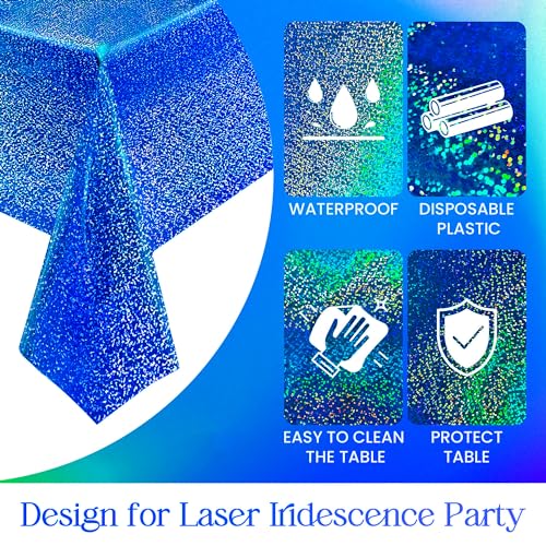 Image of 1 pcs Royal Blue Holographic Party Tablecloth 40 inch x 108 inch Iridescence Plastic Table Cloth Navy Blue Sparkly Table Covers for Graduation 4th of July Birthday Winter Christmas Party Decoration