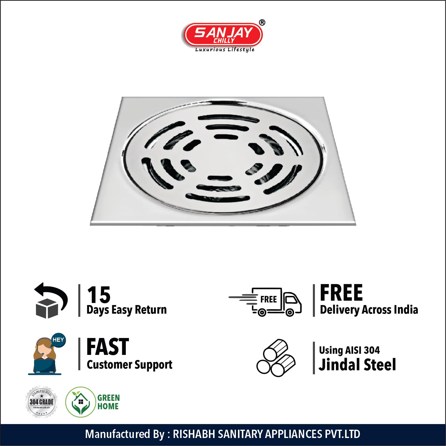 Sanjay Chilly Stainless Steel Floor Drain Sink Top Cover Jali 304 Grade for Bathroom Gratings Waste Water Drainer Strainer Anti Odor Bathtub Washbasin Toilet Washroom (Square Ringo 4 x 4 INCH Silver) 3