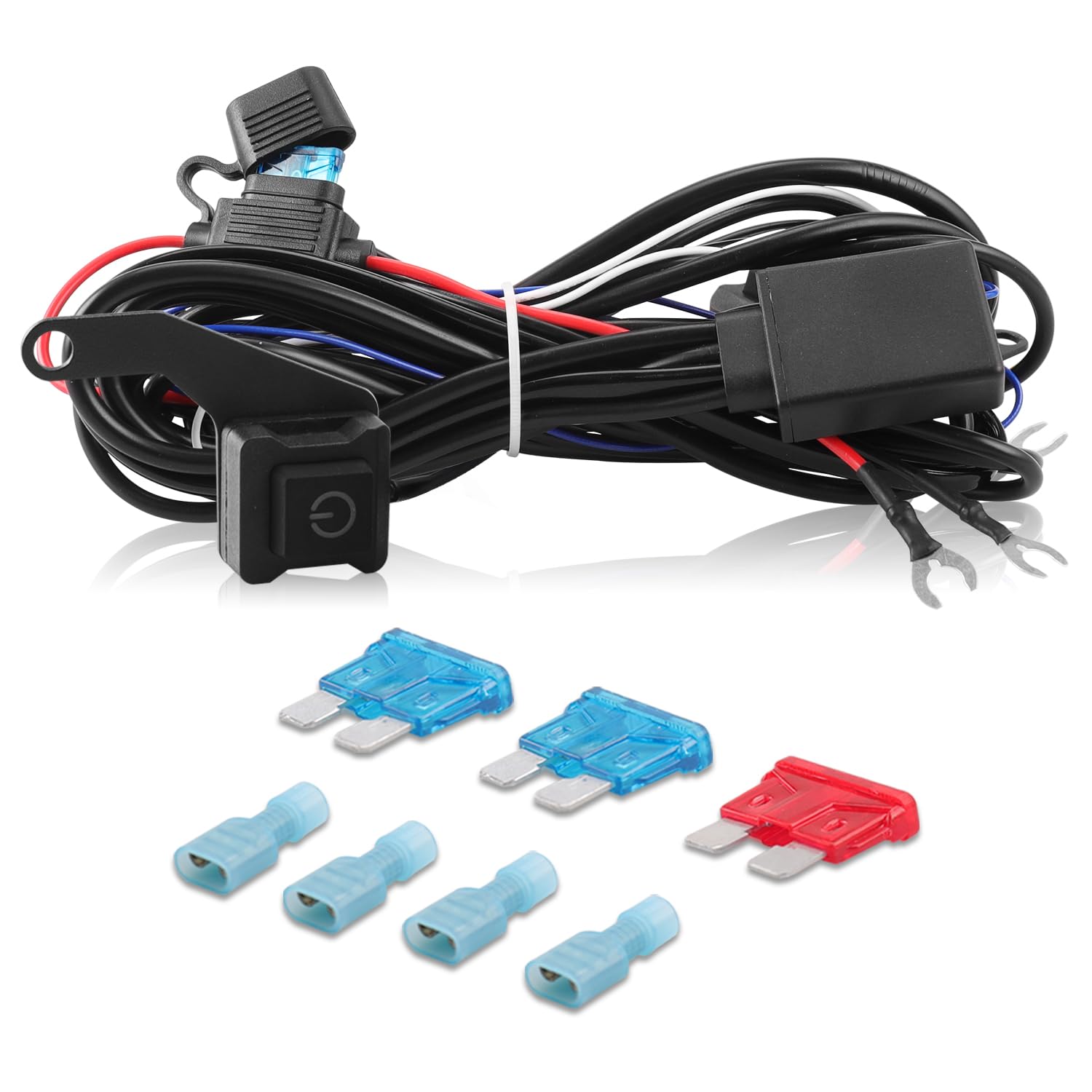 Erato Kit cablaggio luci LED per moto 12V 2 cavi Interruttore on/off Fusibili a lama 10A 15A Relè 40A per fendinebbia Barra luminosa Luci di guida Luci di lavoro ausiliarie