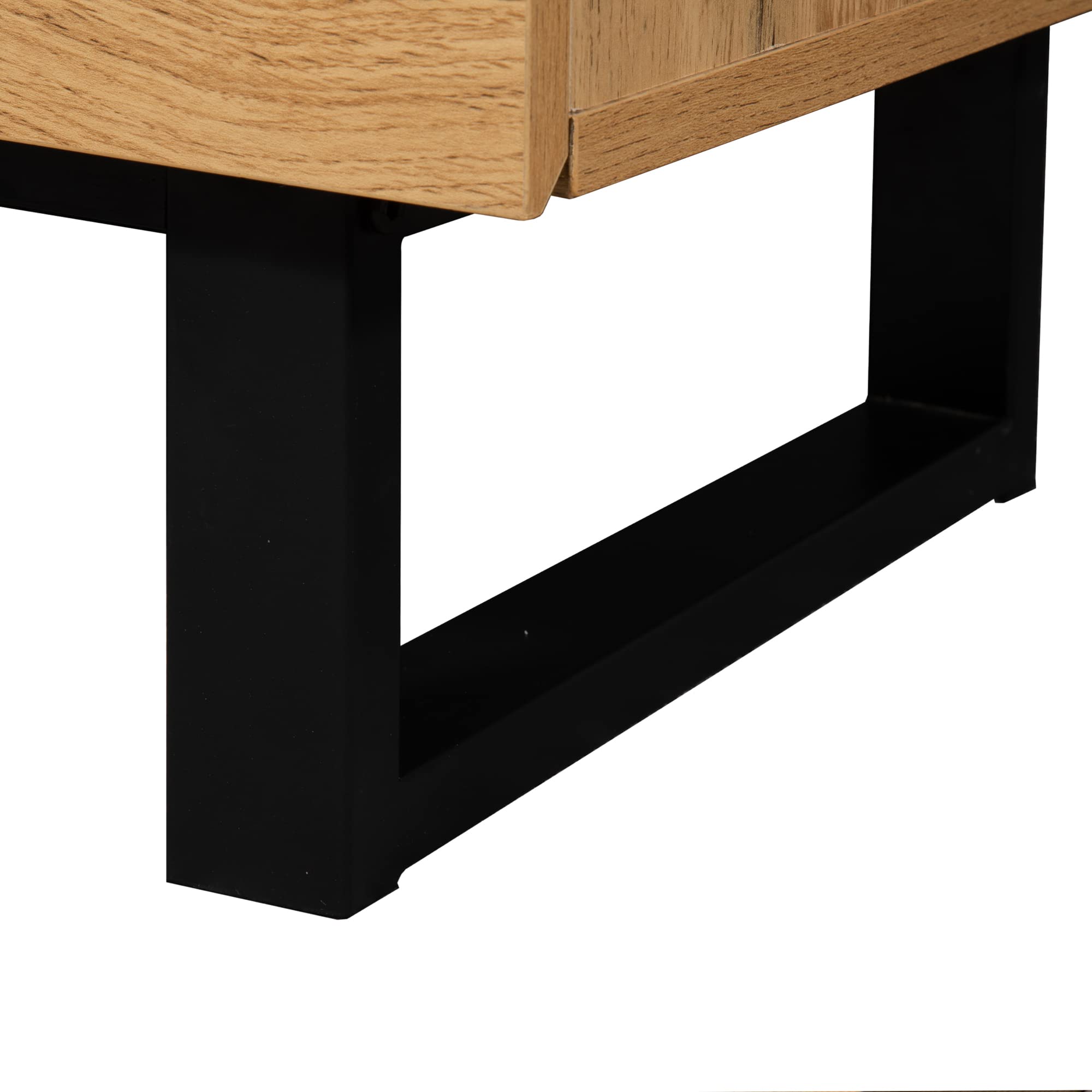 Meuble TV 180 cm Bois et Noir, Table Télévision Salon Rangement Portes Coulissantes sans Poignée, 5 compartimentset 2 tiroirs, Pieds Métal, Lowboard pour Téléviseur jusqu'à 50 kg (180x38x50)