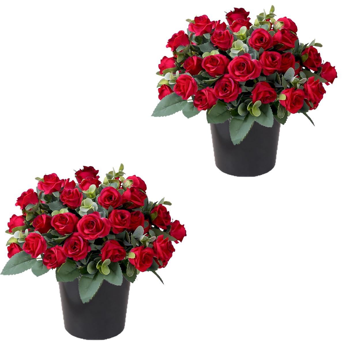 Etomvoop Red 2Pcs Artificial Grave Flowers In Pots, 22 Head Silk Rose Eucalypse Cemetery Funeral Flower, Real Like Weatherproof Fake Graveside Floral For Outdoor Memorial Easter Christmas Home Decoration