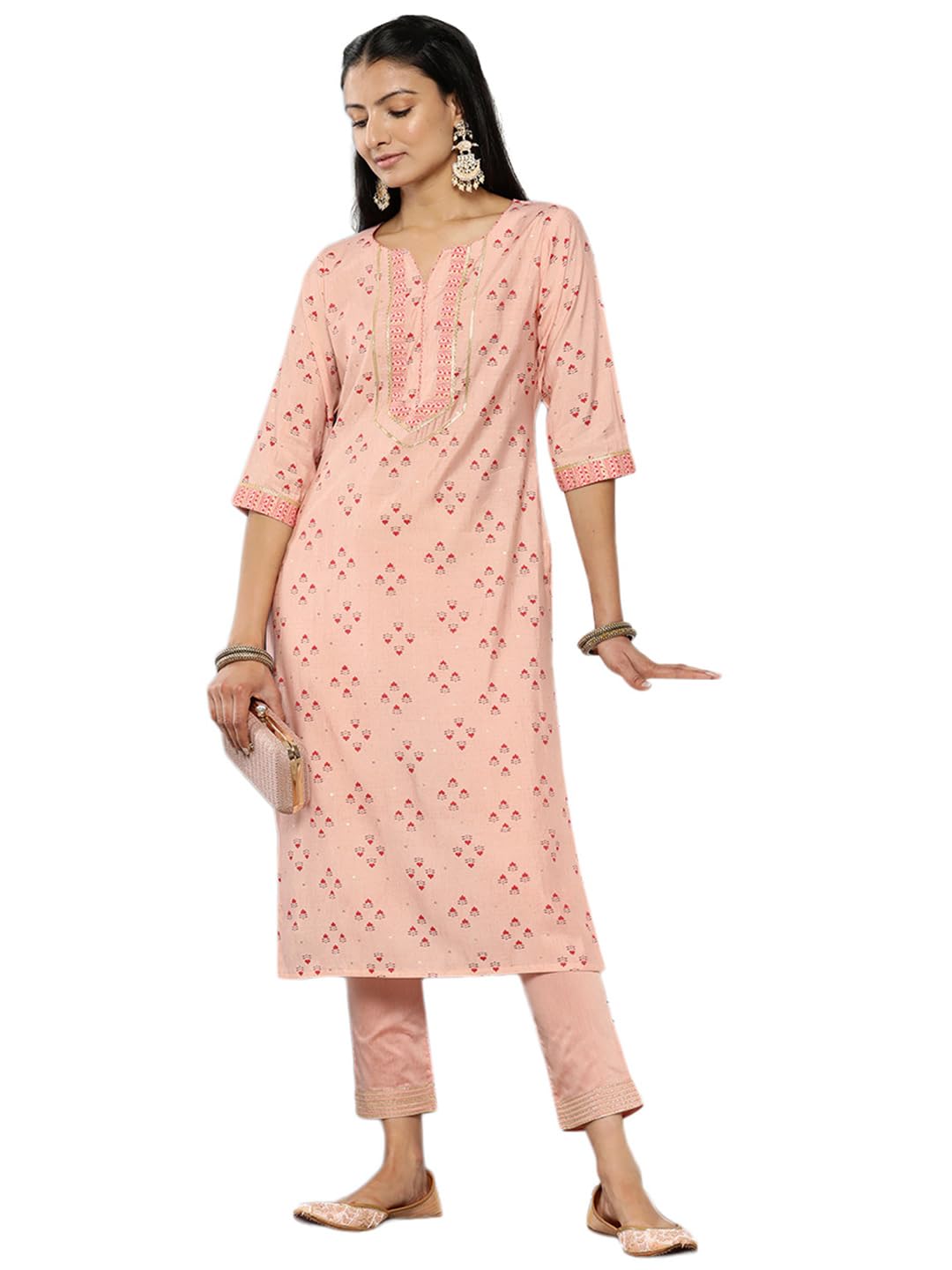 Libas Peach Printed Silk Straight Kurta