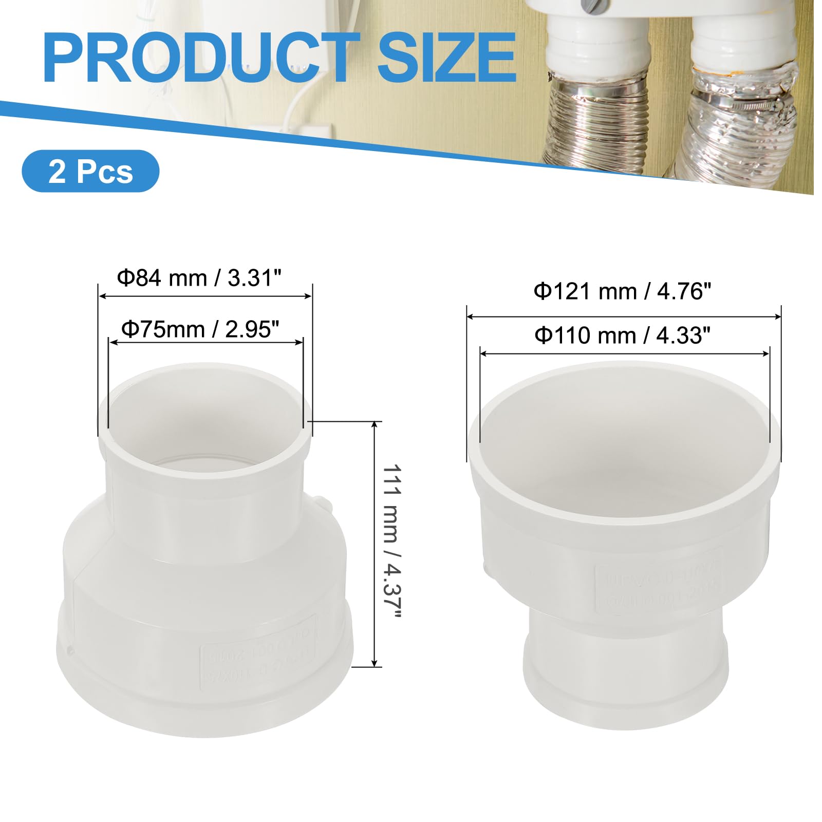 PATIKIL 4" to 3" Duct Reducer, 2 Pcs PVC Pipe Increaser Adapter Ducting Airflow Tube Pipe Fitting for DWV (Drain - Image 2