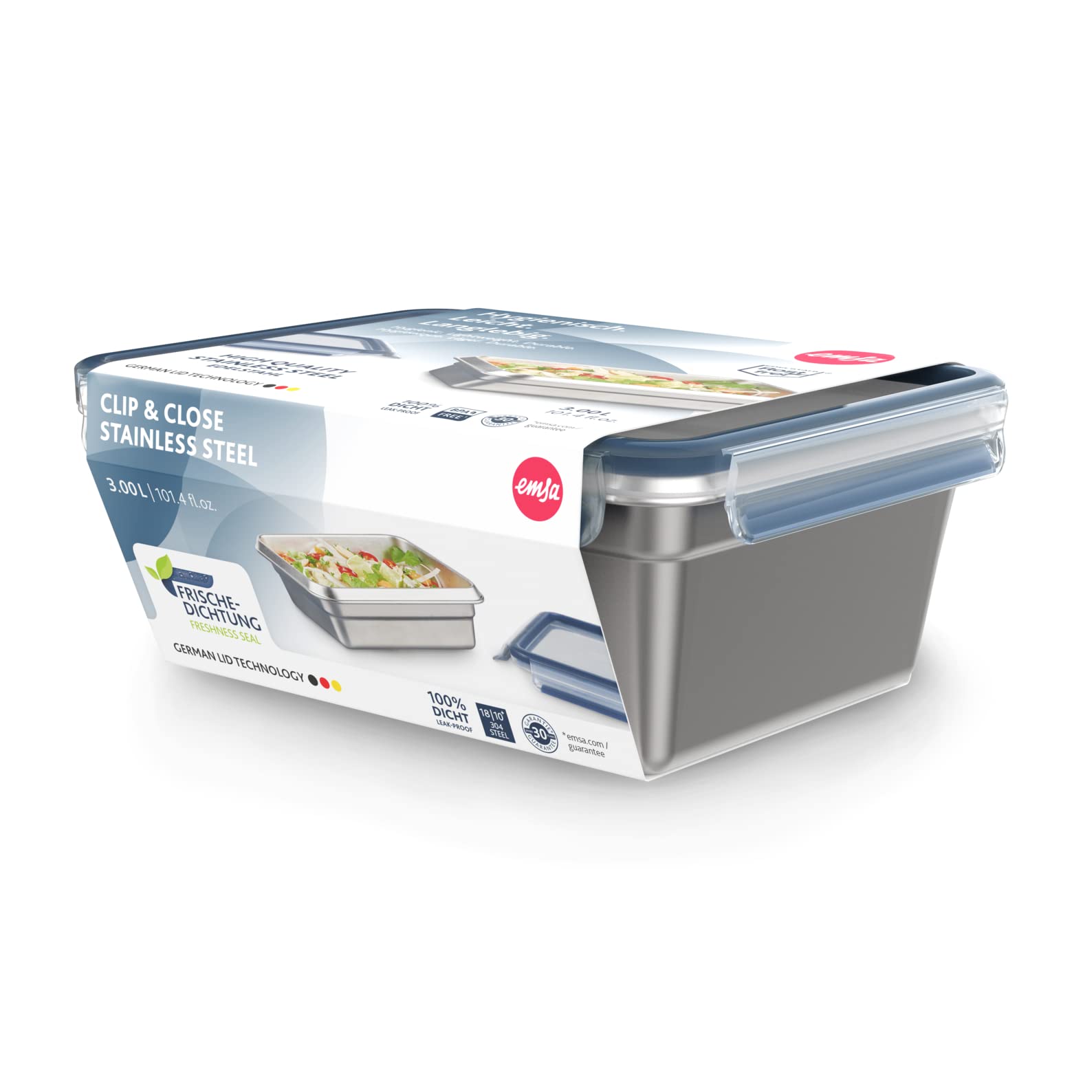 EMSA Clip&Close Inox - Caja de conservación (3 L, ligera e higiénica, acero inoxidable 304, impermeable, compatible con congelador, horno, lavavajillas, tapa de clip, tecnología alemana N1150700