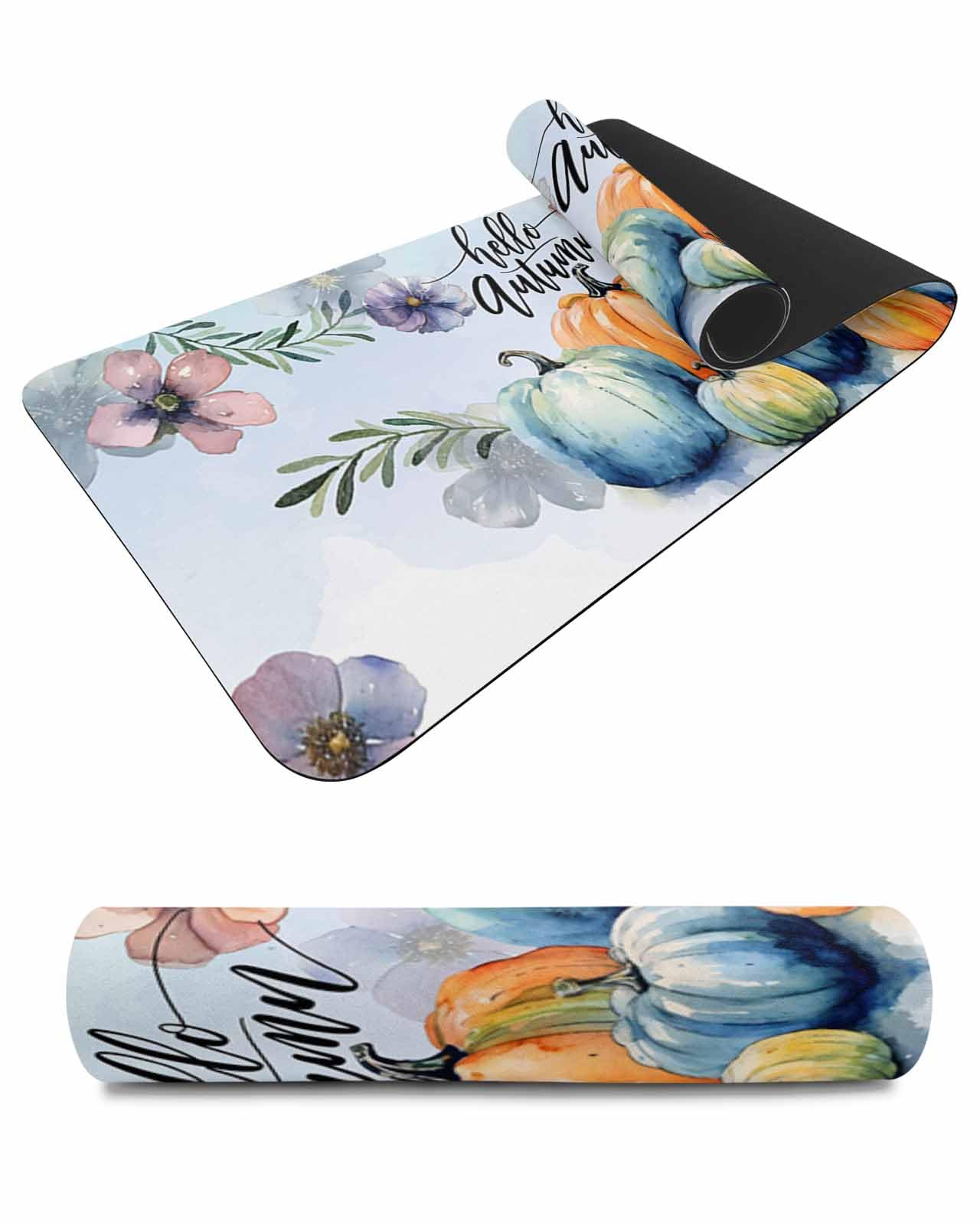 Debedcor Heat Proof Table Pads Waterproof Decorative, Orange Blue Pumpkins Non-Slip Table Countertop Protector, Thanksgiving Fall Botanical Insulation Mat for Dining Room, 48 x 12 Inches