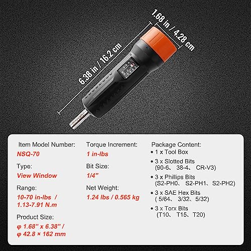 Image of VEVOR 1 /4 inch Drive Torque Screwdriver Wrench Set | 10-70 in-lbs Torque Adjustment Range | 1 in-lb Increment Torque Screwdriver | Driver Bits Set with View Window, 12 Bits & Case, Magnetic Function