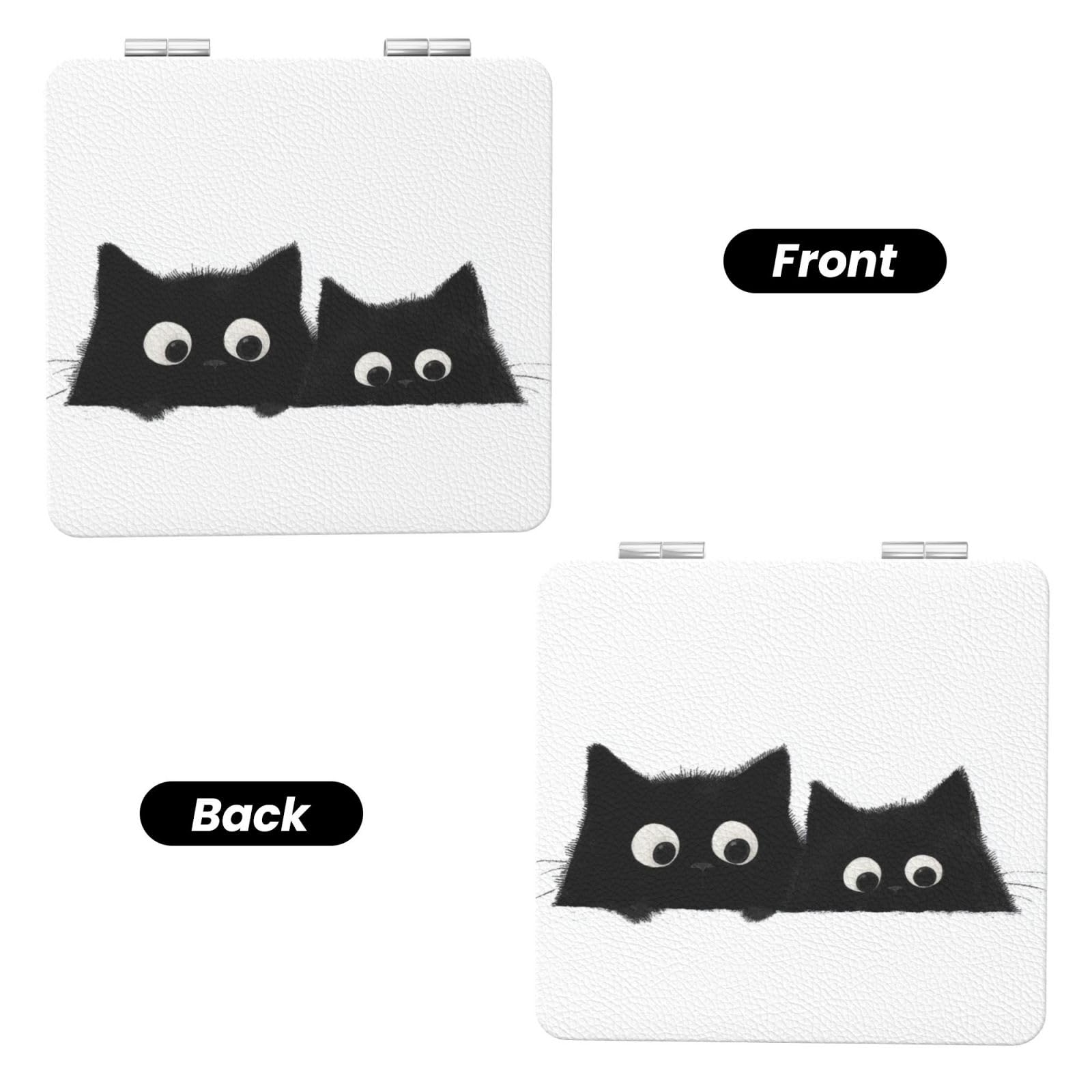 Two Cute Black Cats Travel Makeup Mirror Double-Sided Portable Compact Makeup Mirror Pocket Magnifying Pu Leather Travel Mirror for Daily Work Business Square