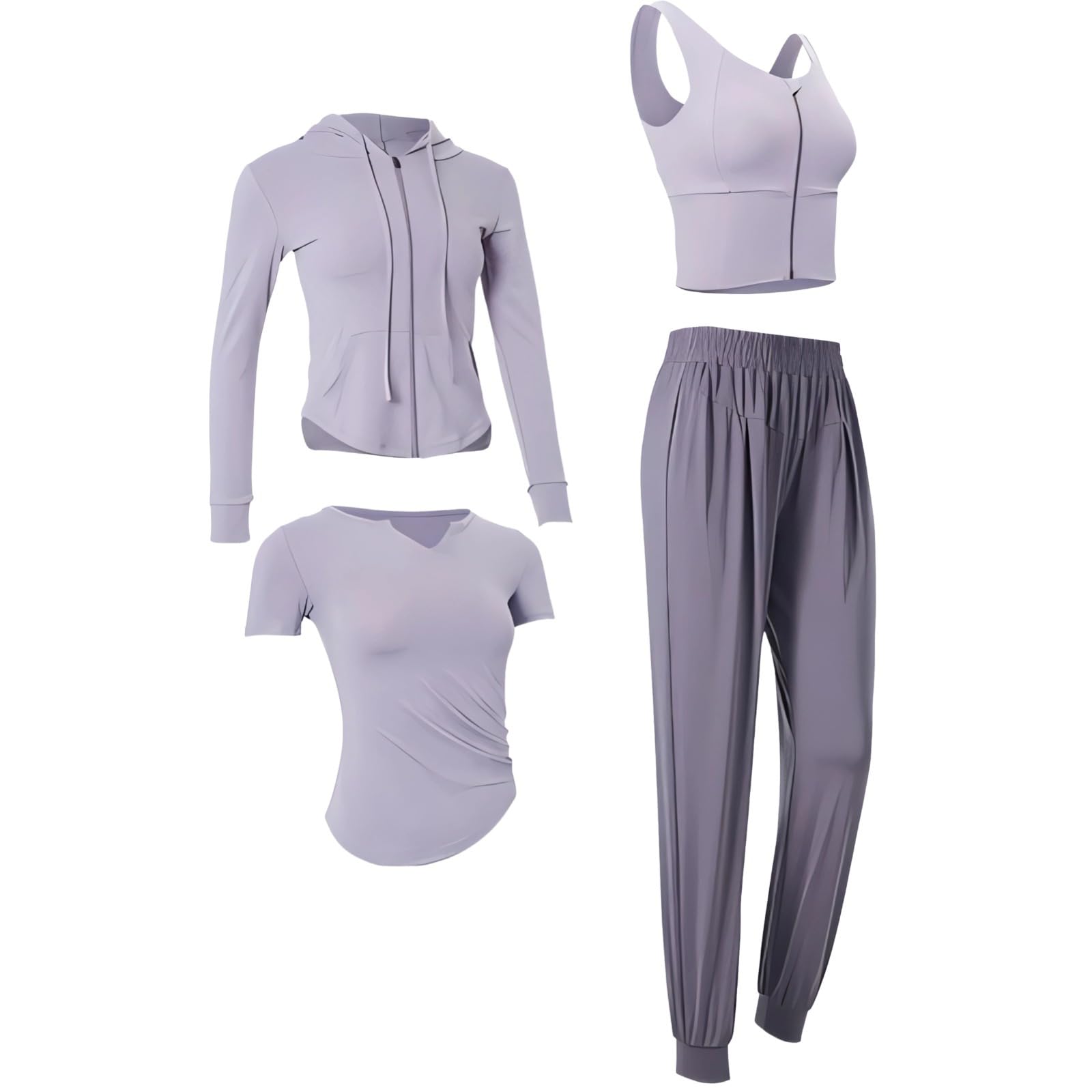 Conjunto de entrenamiento de 4 piezas para mujer que absorbe el sudor, manga larga, tela transpirable, incluye brasier, pantalones, chaqueta y pantalones cortos