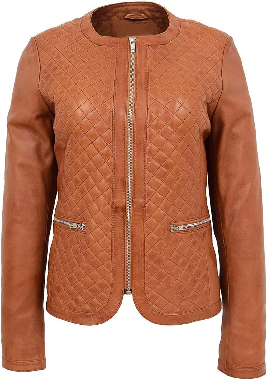 AKS ModeWomen's Tan Leather Jacket | Quilted Women's Tan Leather Collarless Jacket