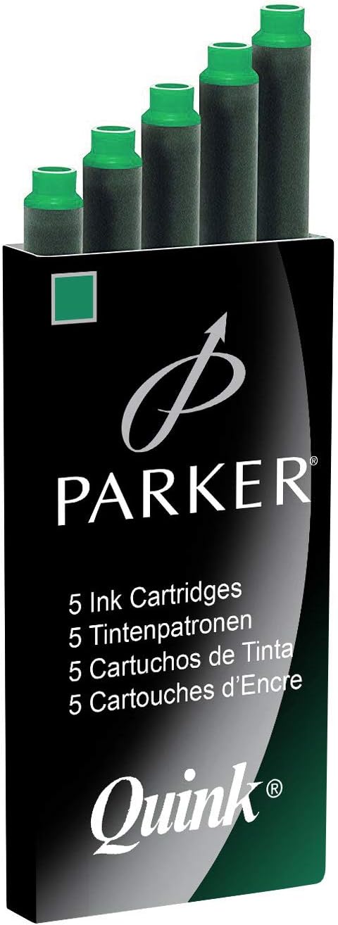 Parker Quink Long Fountain Pen Ink Refill Cartridges, Green, 5 Count
