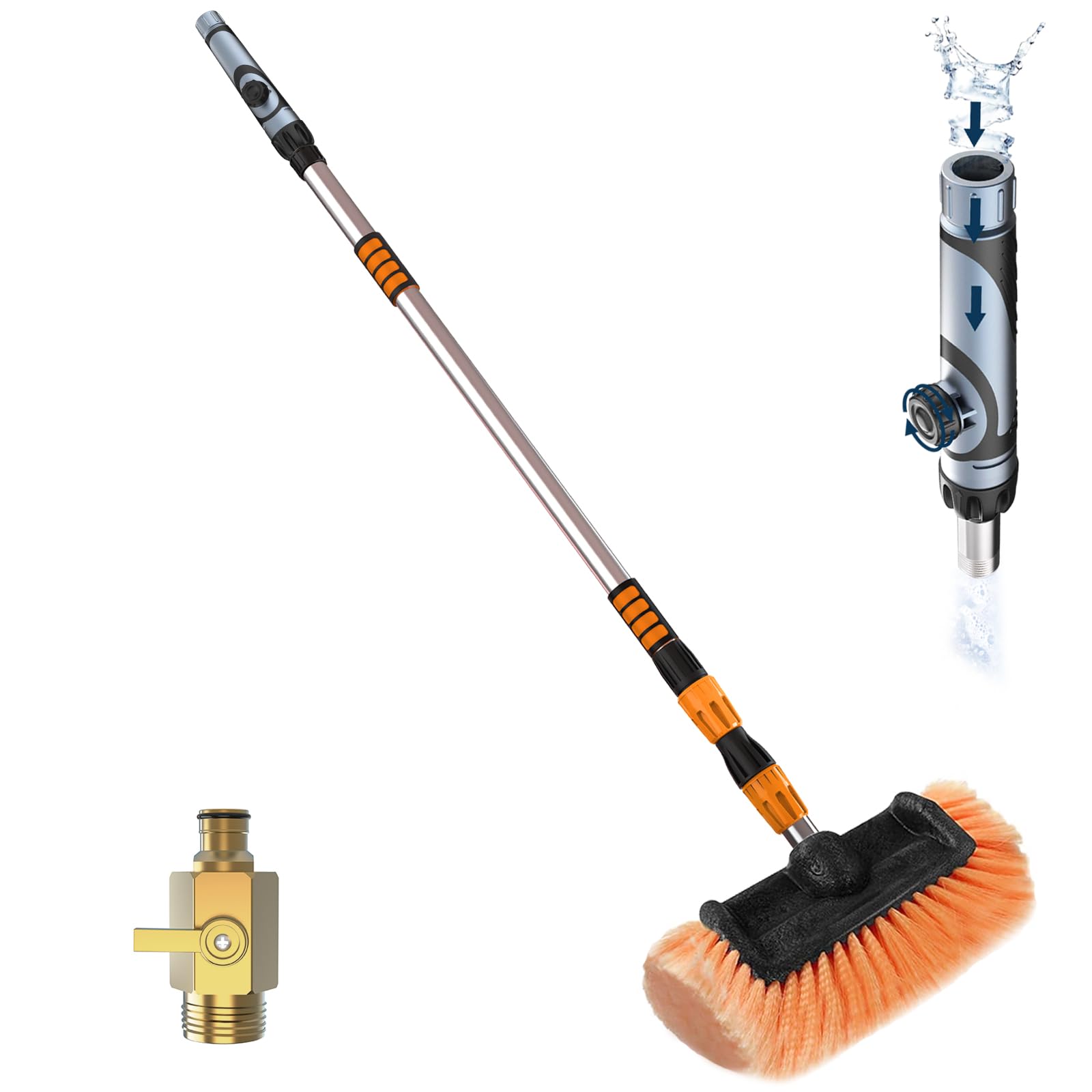 LAANPOLE Cepillo telescópico de lavado de coche de 3,6 m, mango largo con dispensador de jabón, cepillo de cerdas suaves de 12 pulgadas para coches, caravanas, paneles solares y ventanas