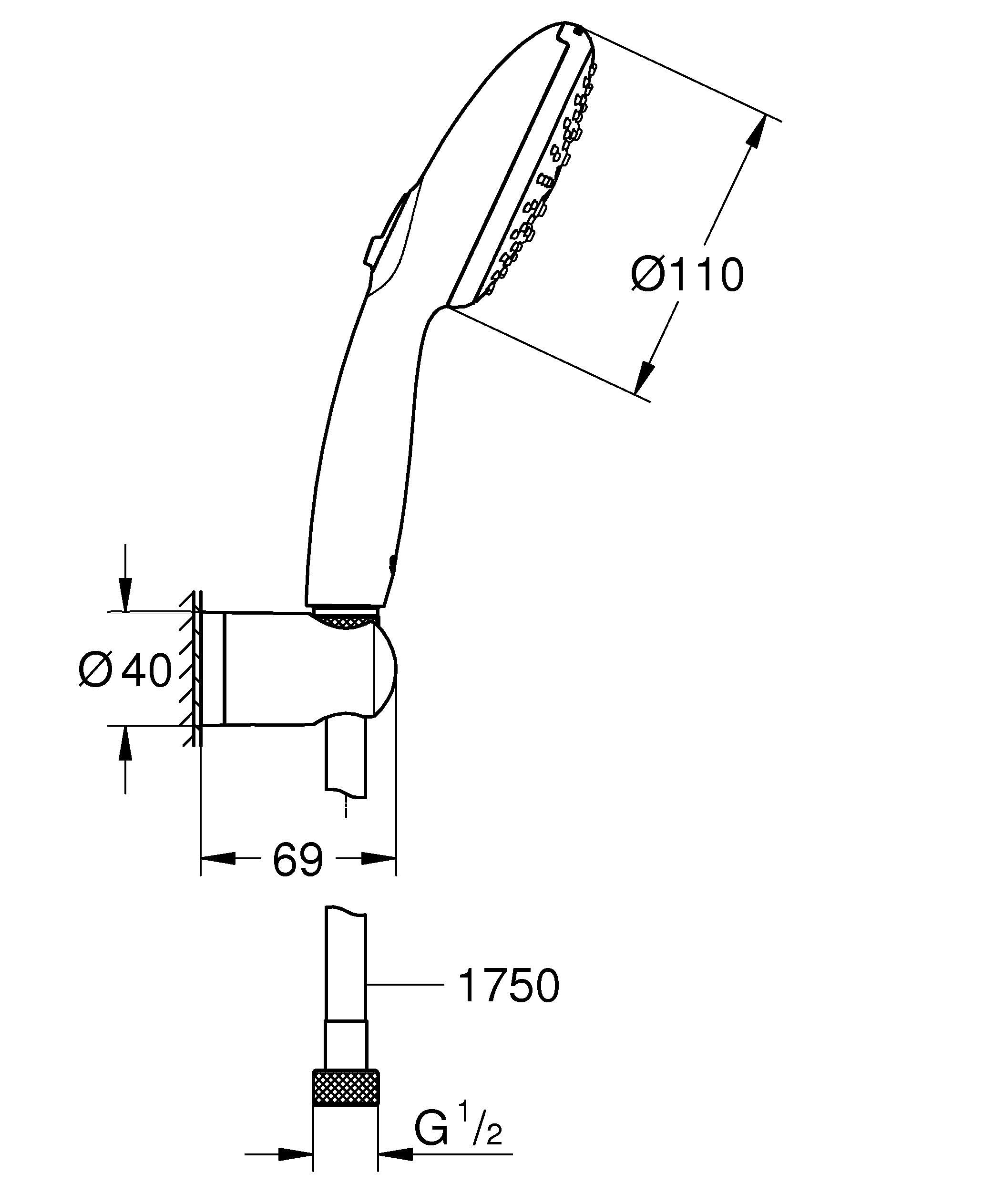 GROHE Vitalio Start 110 Juego de Soporte de Pared (Alcachofa de ducha, 3 Tipos de Chorro, Manguera 1750 mm, Duradero) Cromo 26769001