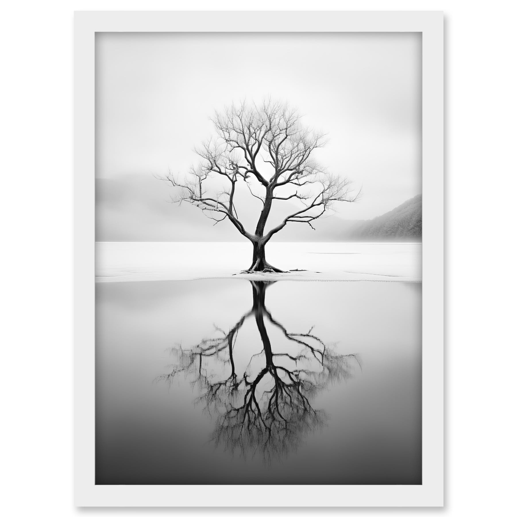 Artery8 Lone Tree by Frozen Lake Winter Landscape Black and White Photograph Artwork Framed A3 Wall Art Print