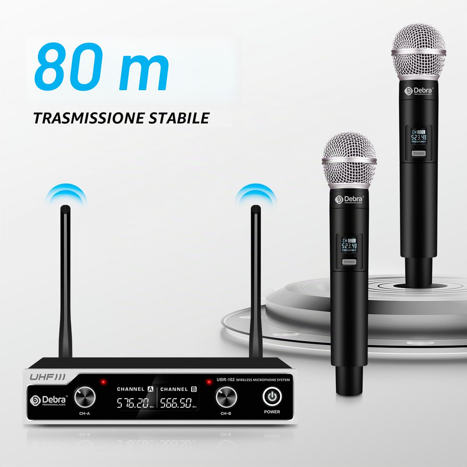 D Debra UHF UBR-102 microfono senza fili con doppio microfono cordless portatile, portata 80m, anti-rumore, per chiesa, riunioni, karaoke, matrimoni (2 microfono portatile)