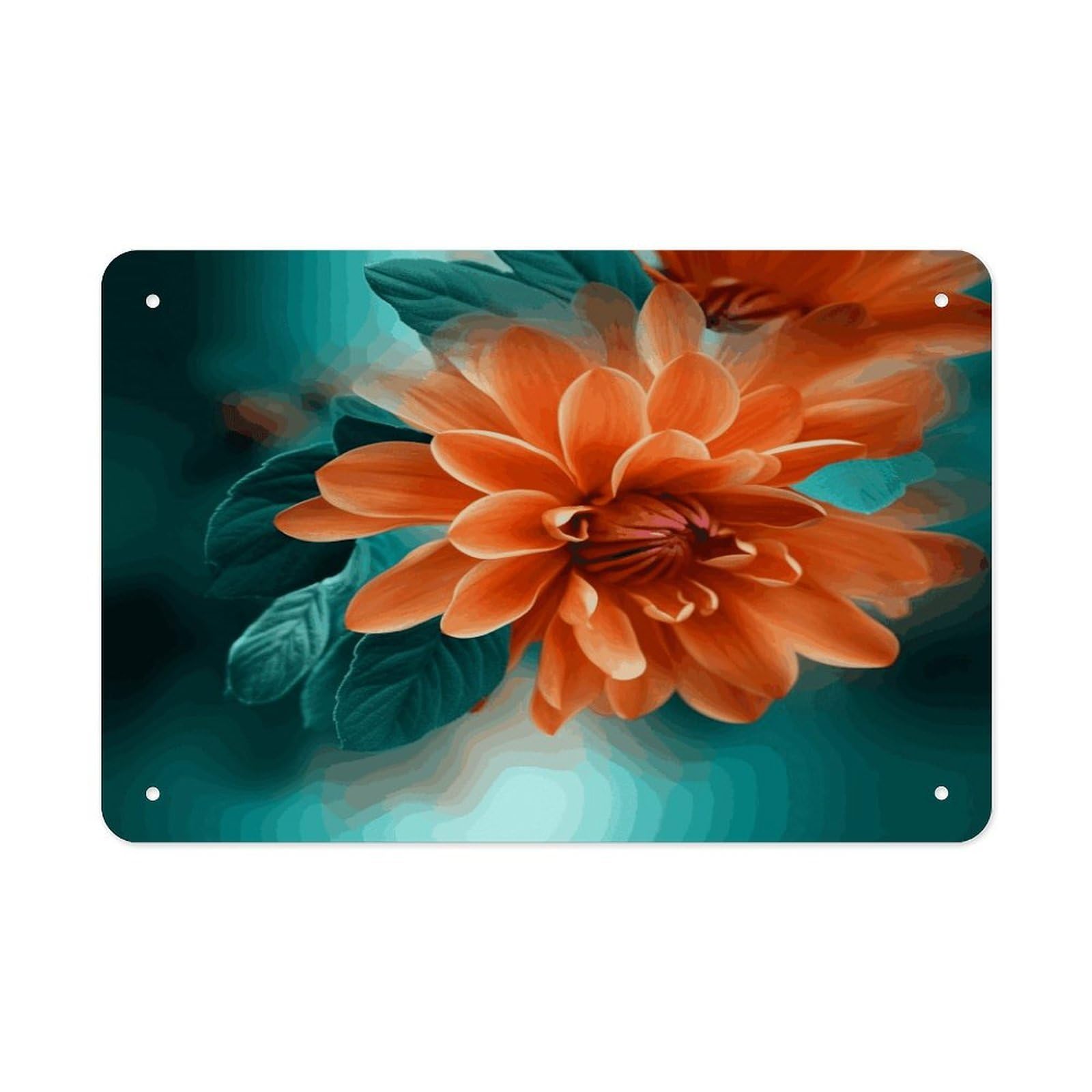 Teal And Orange Flower Metal Tin Sign 12"x8" Wall Art Prints Poster Decorative Picture Metal Signboard Decor Painting Folded Edge Iron Sheet Painting with Holes for Wall Decor