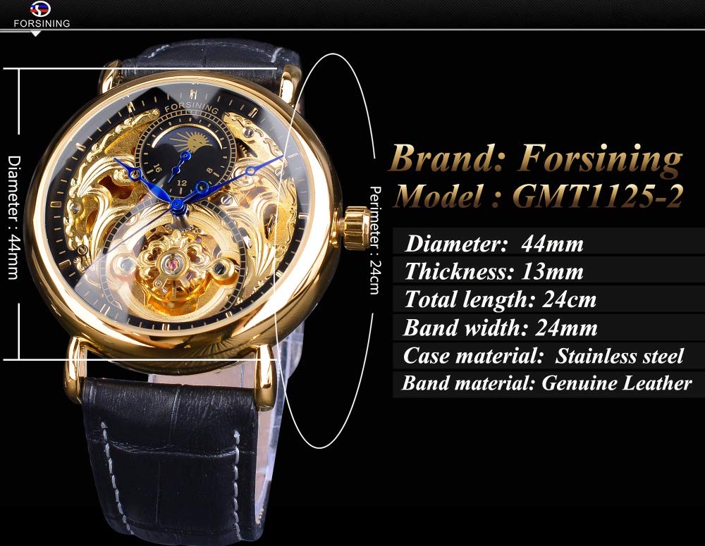 FORSINING Herren Analog Automatik Uhr Vintage AM/PM Sonne Mond Skeleton mit Kalbsleder aus Leder Armband