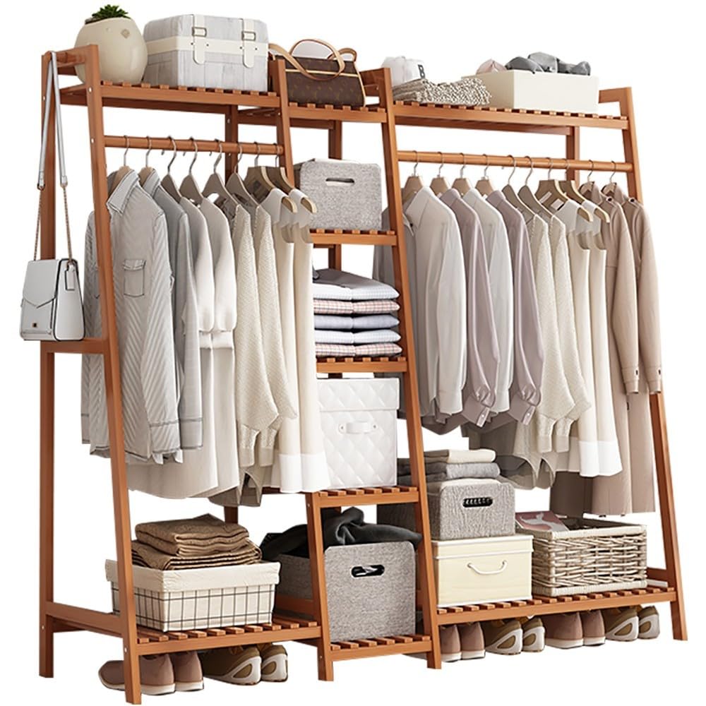 XDLEDMKIZ Bamboo Freestanding Clothes Rack with Top Shelf and Garment Rack for Bedroom and Entryway Storage