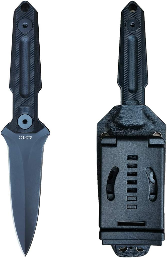 Cuchillo Supervivencia Cuchillo de Caza Cuchillo Camping Cuchillas Fijas Acero mango de acero 440C 59HRC G10, con funda Kydex y clip para cinturón con cerradura