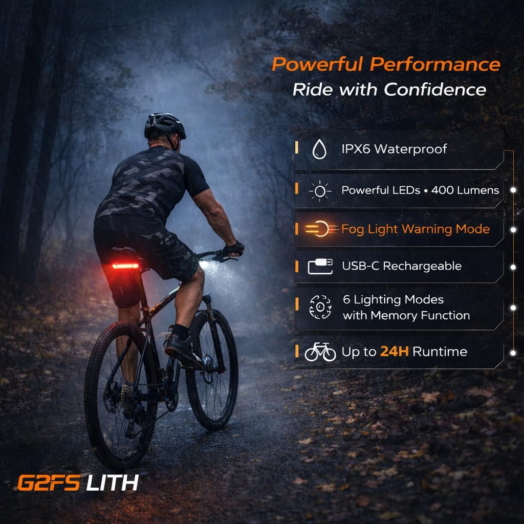 Bike Tail Light, Red & Yellow Dual Flash Warning & Fog Light, 6 Modes USB-C Rechargeable, 24H Runtime, 400 Lumen LED Bicycle Light, IPX6 Waterproof for Commuting & Night Riding