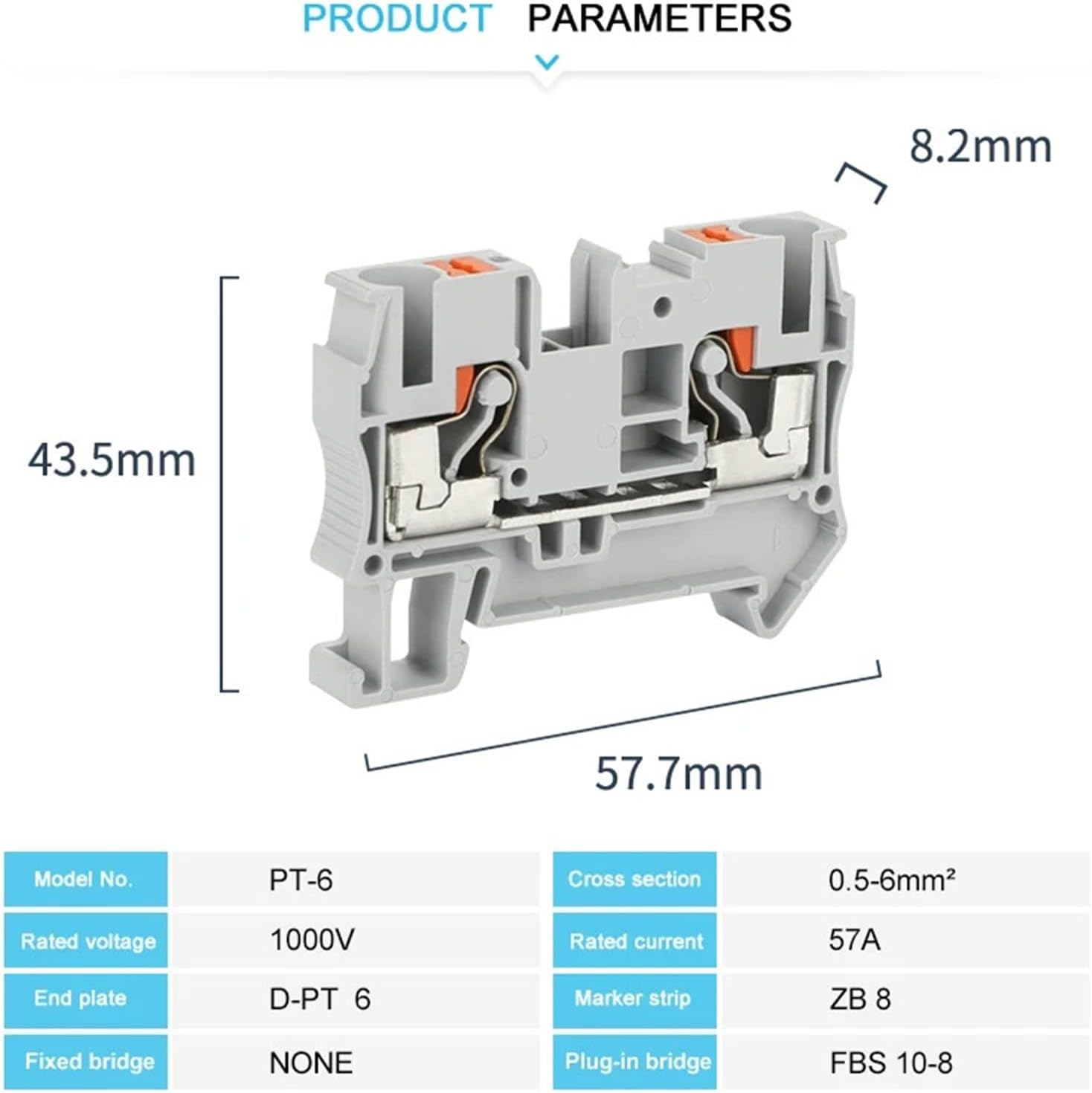 10 PCS PT6 Push-in Terminal Block Din Rail 6mm² Screwless Spring Feed-Through Connector Wire Electrical Strip Plug