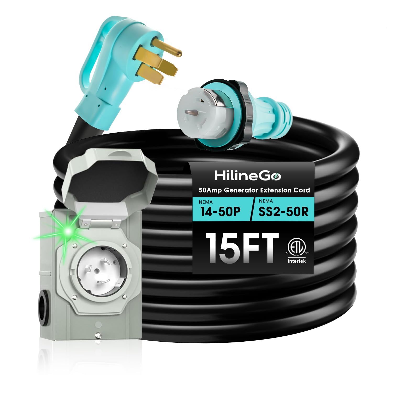HILINEGO 50 Amp Generator Cord 15FT and Power Inlet Box, 125V/250V Extension Power Cord, NEMA 14-50P/SS2-50R Twist Lock Connector, NEMA SS2-50P Pre-Drilled Inlet Box for Generator to House, ETL Listed