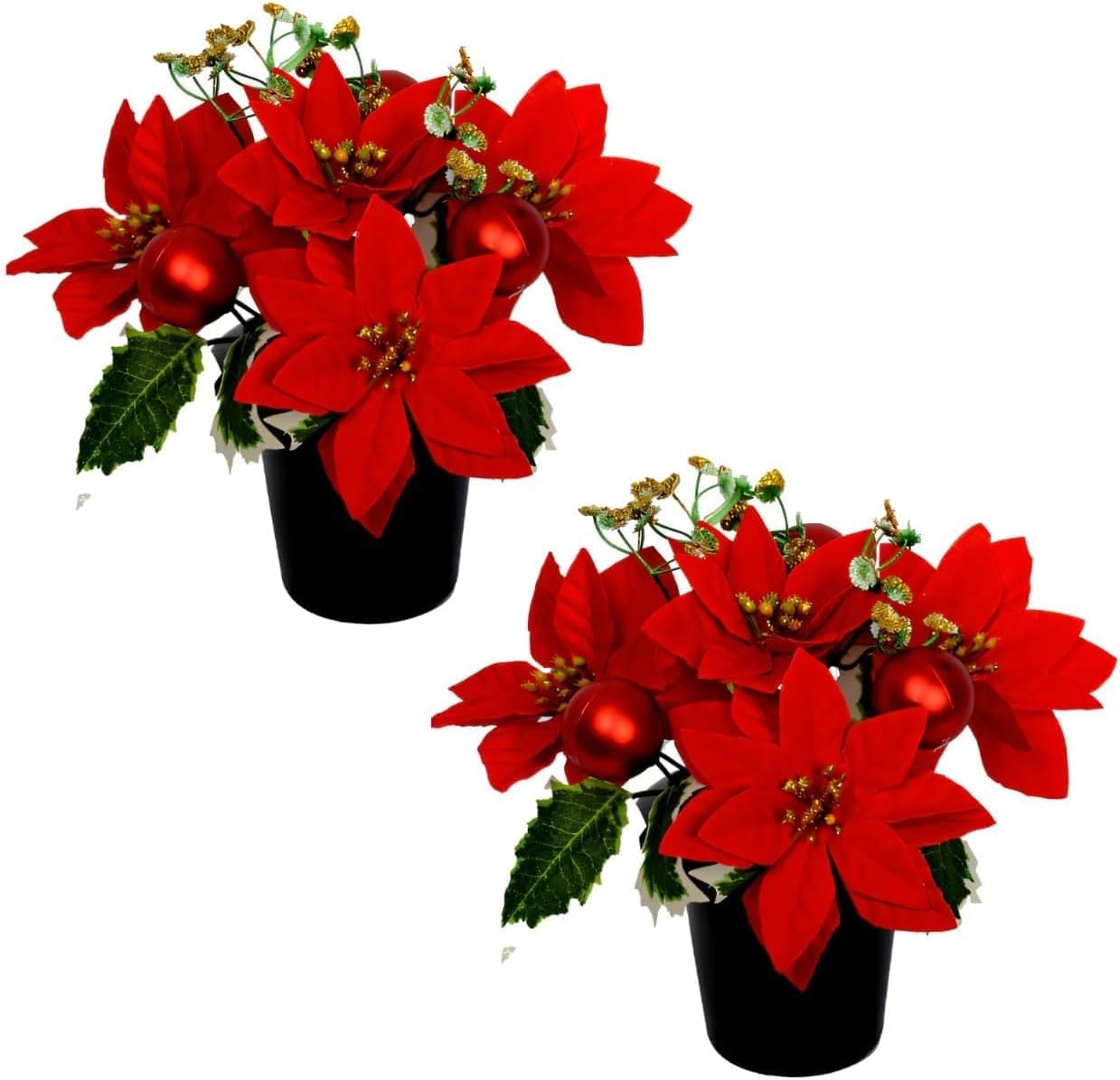 Homesecret Bauble And Poinsettia Pot 2X Pack 2 Christmas Artificial Flowers For Graves In Pots | Bauble And Poinsettia | Cemetery Artificial Poinsettia Grave Flower Pots | Durable Grave Pot For Floral Arrangement Decorations.