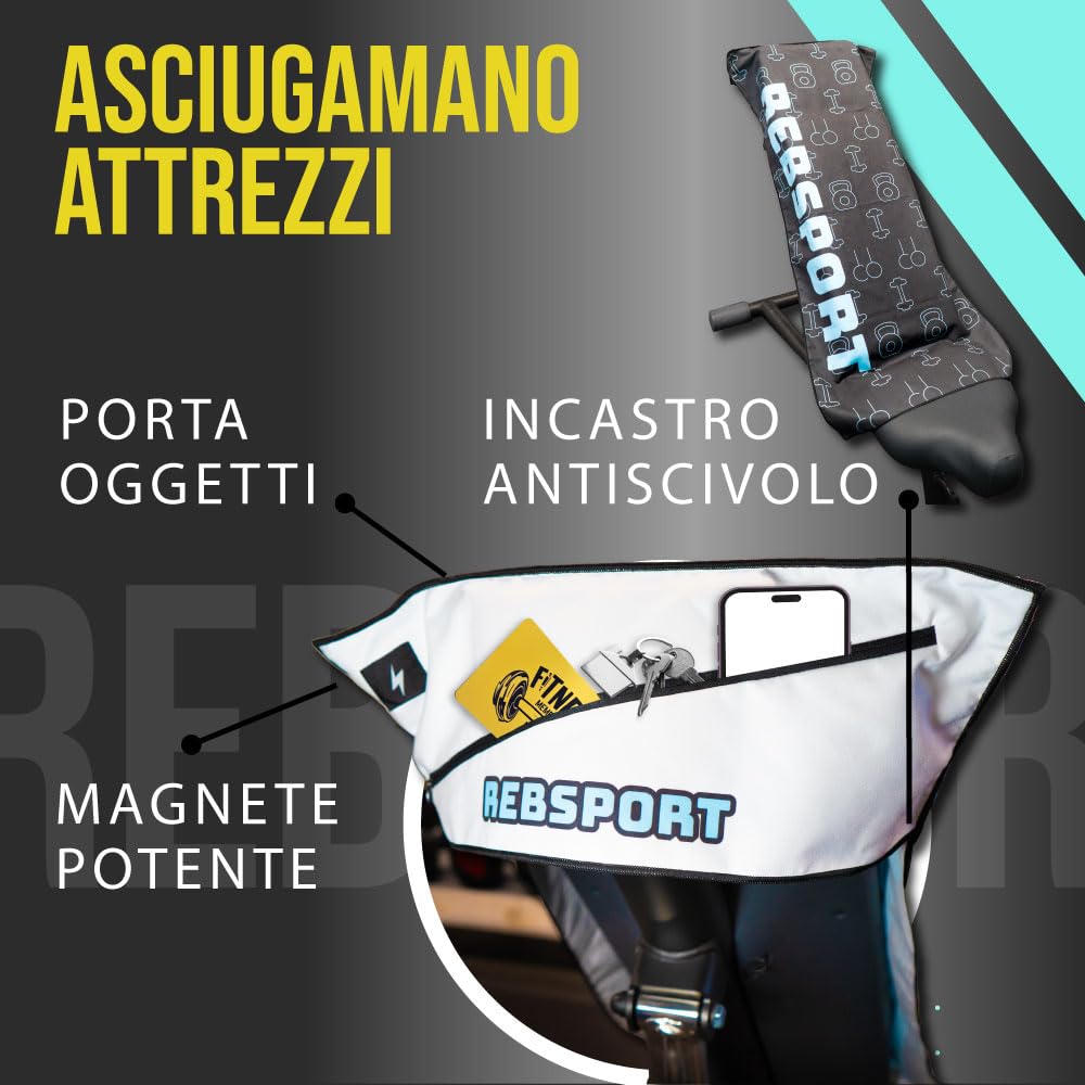Rebsport Asciugamano Palestra Uomo con Tasca Porta Oggetti e Magnete, Asciugamano Donna Fitness per Panca Palestra + Asciugamano Doccia in Omaggio utilizzabile come Telo Doccia o Telo Mare