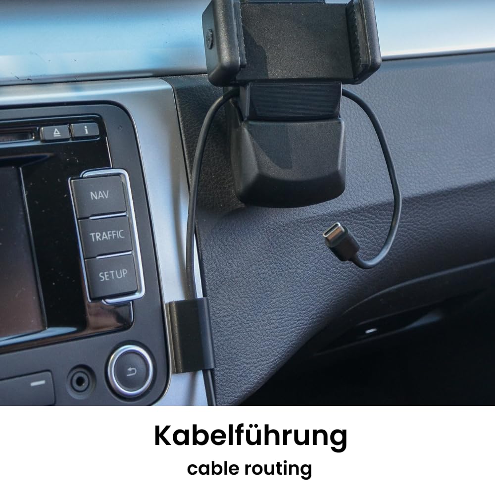 VW uchwyt na telefon komórkowy | dedykowany montaż | kabel do ładowania USB-C | pasuje do VW Passat, Golf, Touran, Polo, T5 (2003–2014)