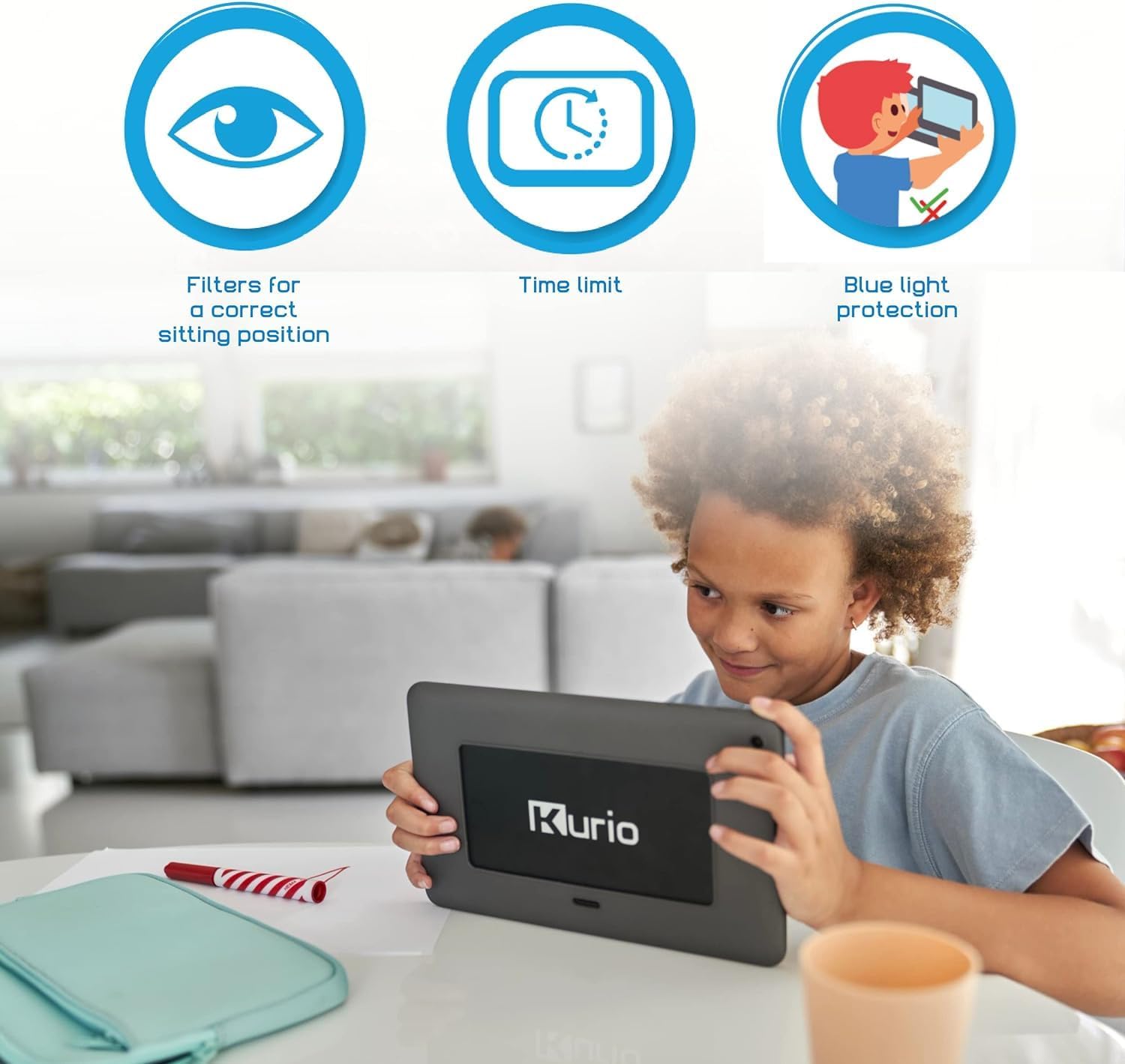 Child using the Kurio Tab XL 2, with icons illustrating blue light filter, time limit, and correct sitting position features.