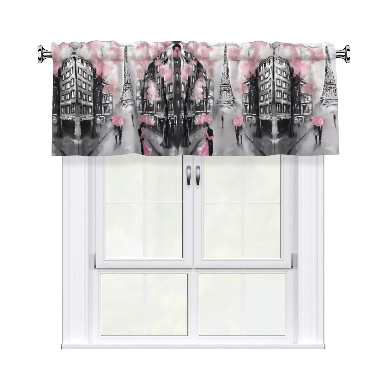 YYHHAOFA Paris Street Eiffel Tower Pink Floral Prints Durable Kitchen Window Layer – 54x18 Inch 100% Polyester Valance with Precision Construction